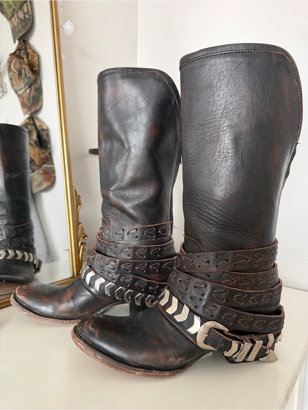 freebird Distressed Dark Brown Leather Mid-Calf Boots with Studded Wrap Straps - Picture 3 of 6